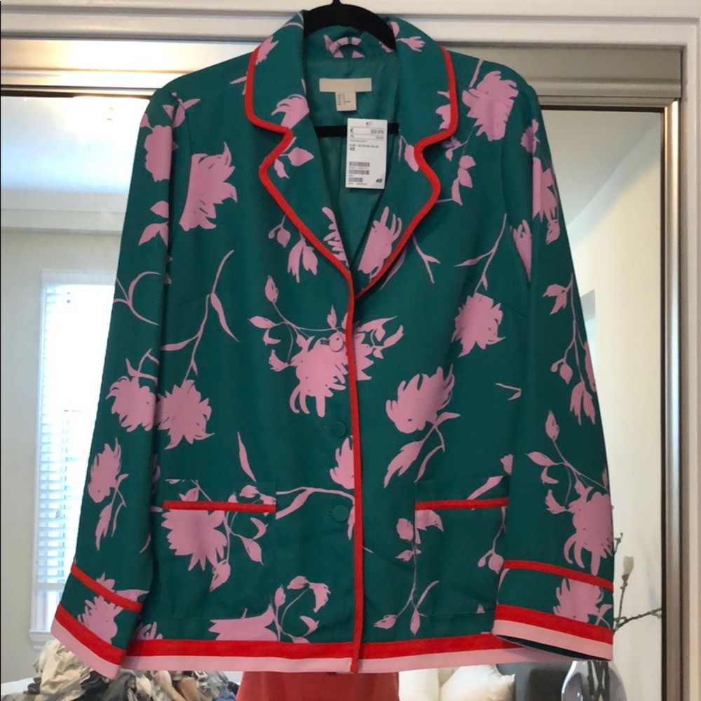 H&M green floral blazer with pink and red trim